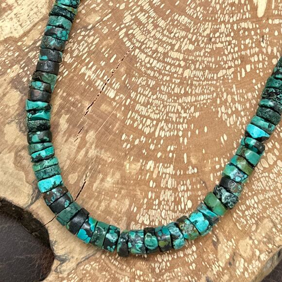 NATIVE AMERICAN Sterling Silver & Hubei Turquoise Beaded Heishi Necklace 23.5" - Picture 2 of 4